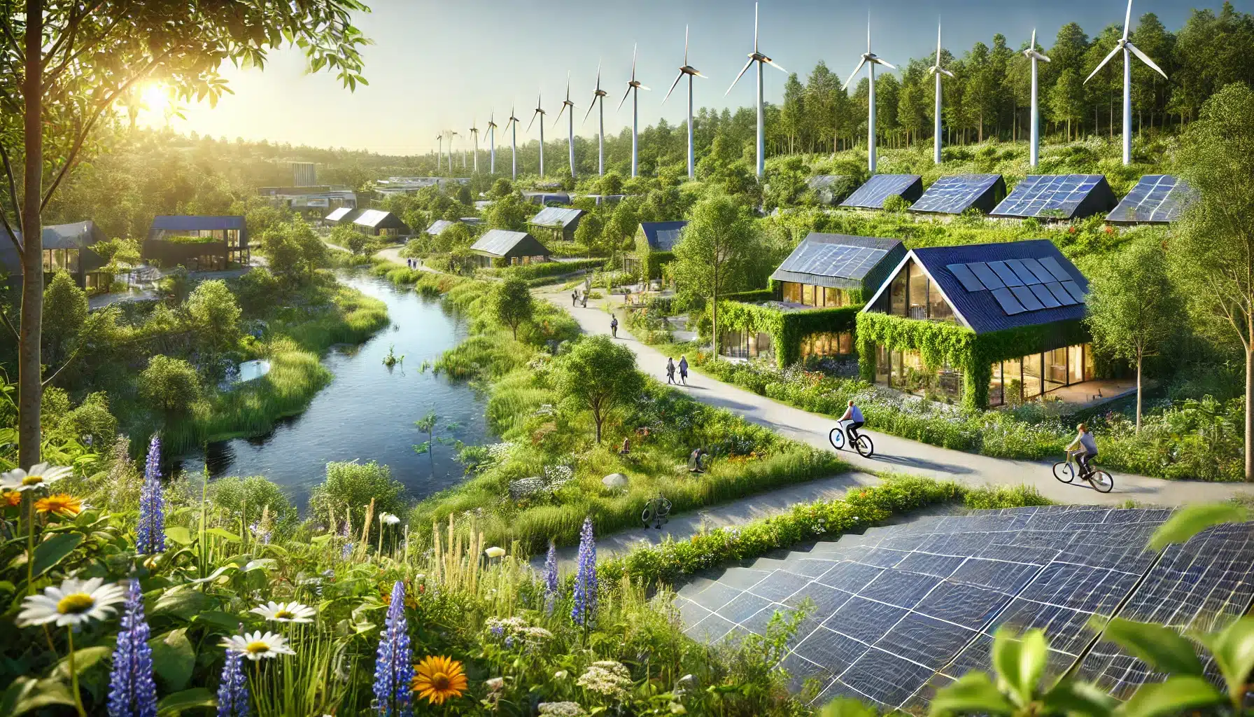 Close-up of a sustainable environment with solar panels, wind turbines, lush greenery, and blooming wildflowers, showcasing eco-friendly living.