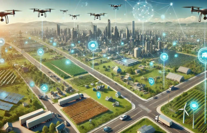 A futuristic landscape powered by the Peaq network, featuring drones flying over smart agricultural fields and autonomous vehicles navigating urban streets.