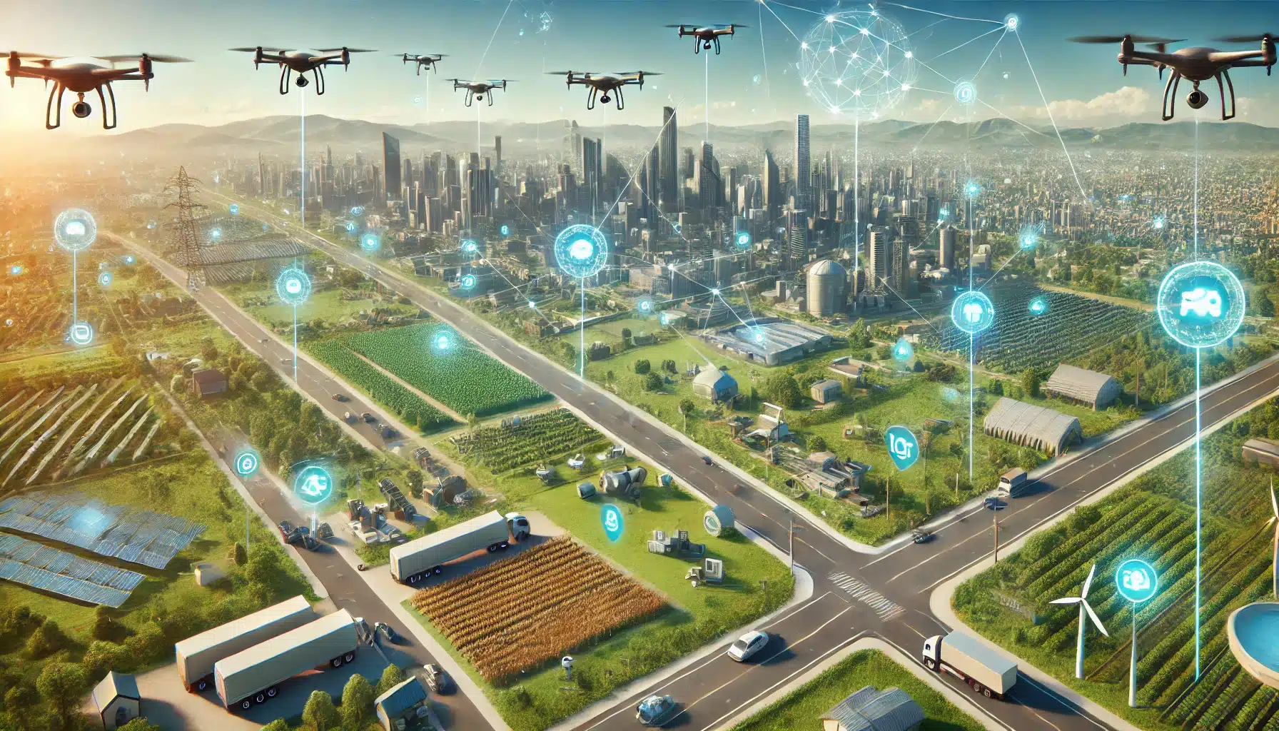 A futuristic landscape powered by the Peaq network, featuring drones flying over smart agricultural fields and autonomous vehicles navigating urban streets.
