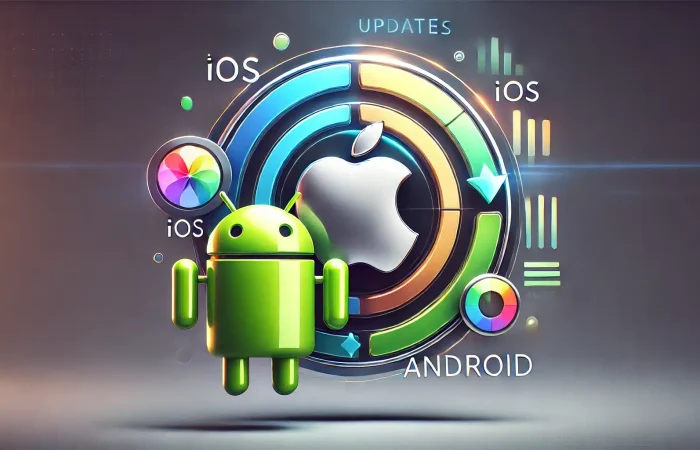 Wide logo showing the Apple logo and Android robot with circular arrows and a progress bar, symbolizing regular updates for both platforms in a sleek, modern design.