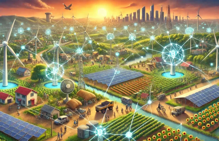 image without any visible groups of people, focusing solely on the infrastructure, technology, and sustainability aspects of Decentralized Physical Infrastructure Networks (DePIN) in emerging markets.