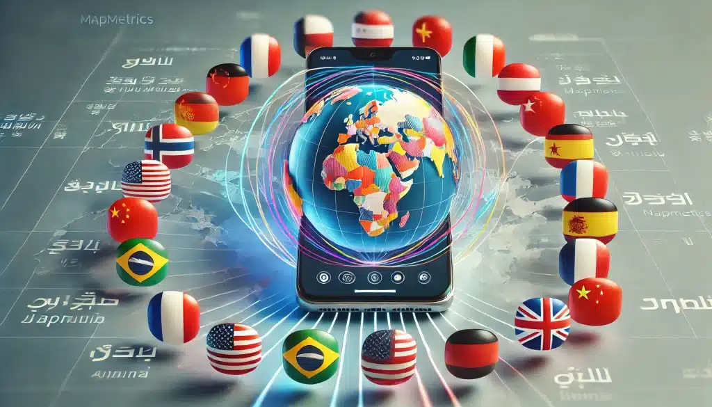 Navigation app on a smartphone surrounded by flags, highlighting MapMetrics' multilingual capabilities.