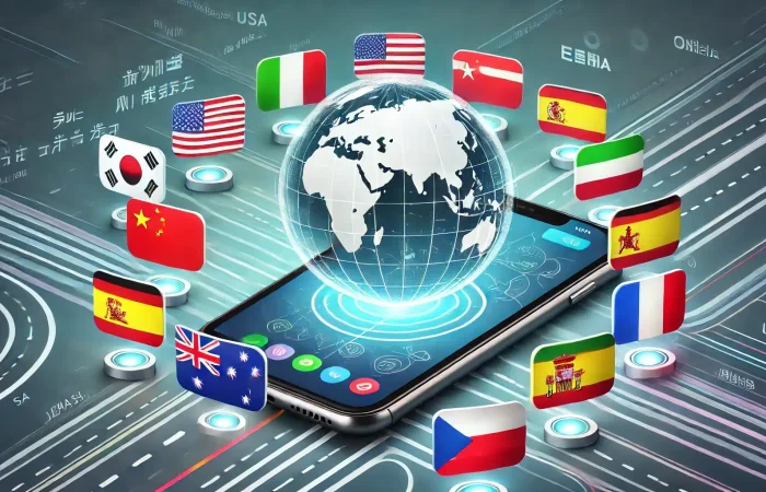 A smartphone displaying a navigation app with floating country flags, representing multilingual support and global connectivity