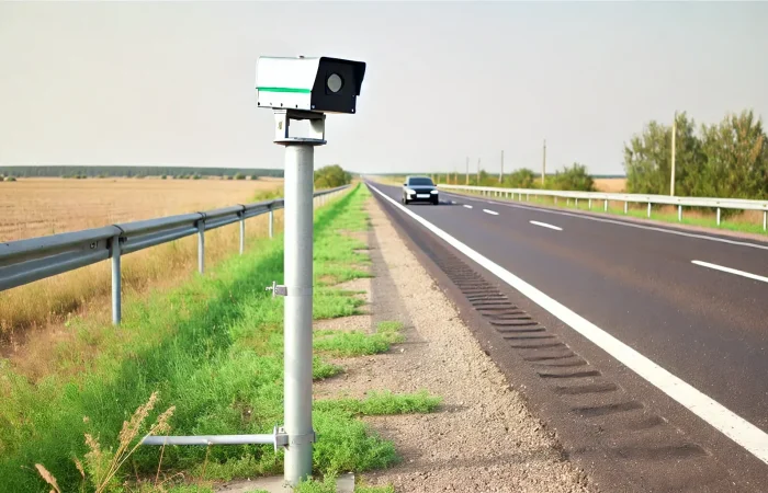 Speed cameras mounted on the side of a busy highway, tracking vehicle speed during the day as cars pass by on the road.