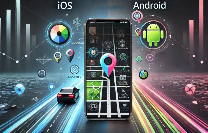 A smartphone screen split between iOS and Android map interfaces, showcasing key improvements for iOS and Android users.