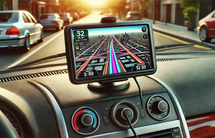 A modern GPS device mounted on a car dashboard, displaying a vibrant digital map with turn-by-turn directions. The image highlights the use of GPS in navigation apps for seamless route guidance.