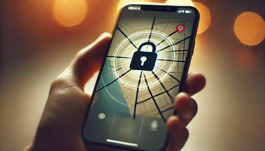 Close-up of phone with privacy-focused map display, featuring a lock icon to signify data protection.