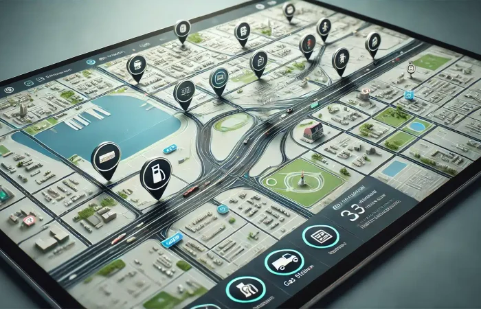 Real-time data map showing clear routes, traffic, points of interest, and gas station icons.