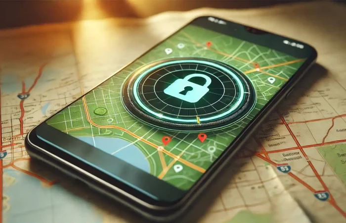 Smartphone screen showing navigation map with privacy lock icon overlay, emphasizing secure navigation settings.