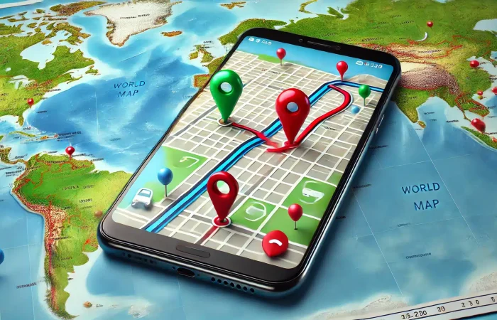 A smartphone displaying a navigation app with a red location pin on a vibrant urban street map, featuring roads, buildings, and rivers.