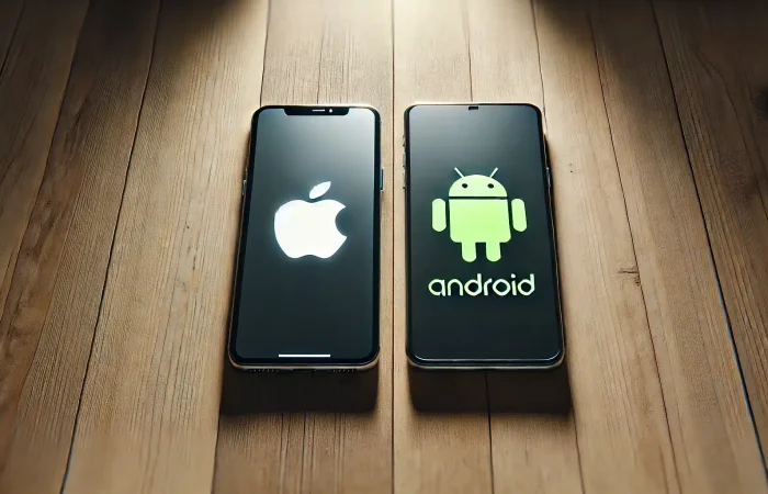 the images are in a wide aspect ratio, showing the Apple and Android smartphones side by side on a wooden surface as representing the latest app update.