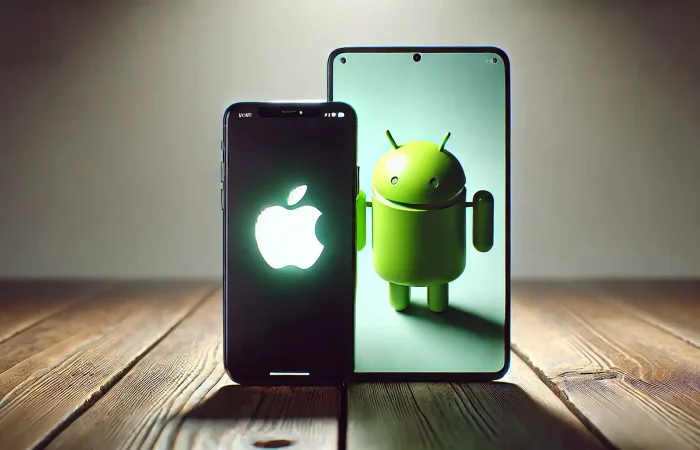 Two smartphones on a wooden table, one displaying the glowing Apple logo and the other showing the Android mascot, symbolizing enhancements in development for iOS and Android. Soft lighting highlights their sleek designs.