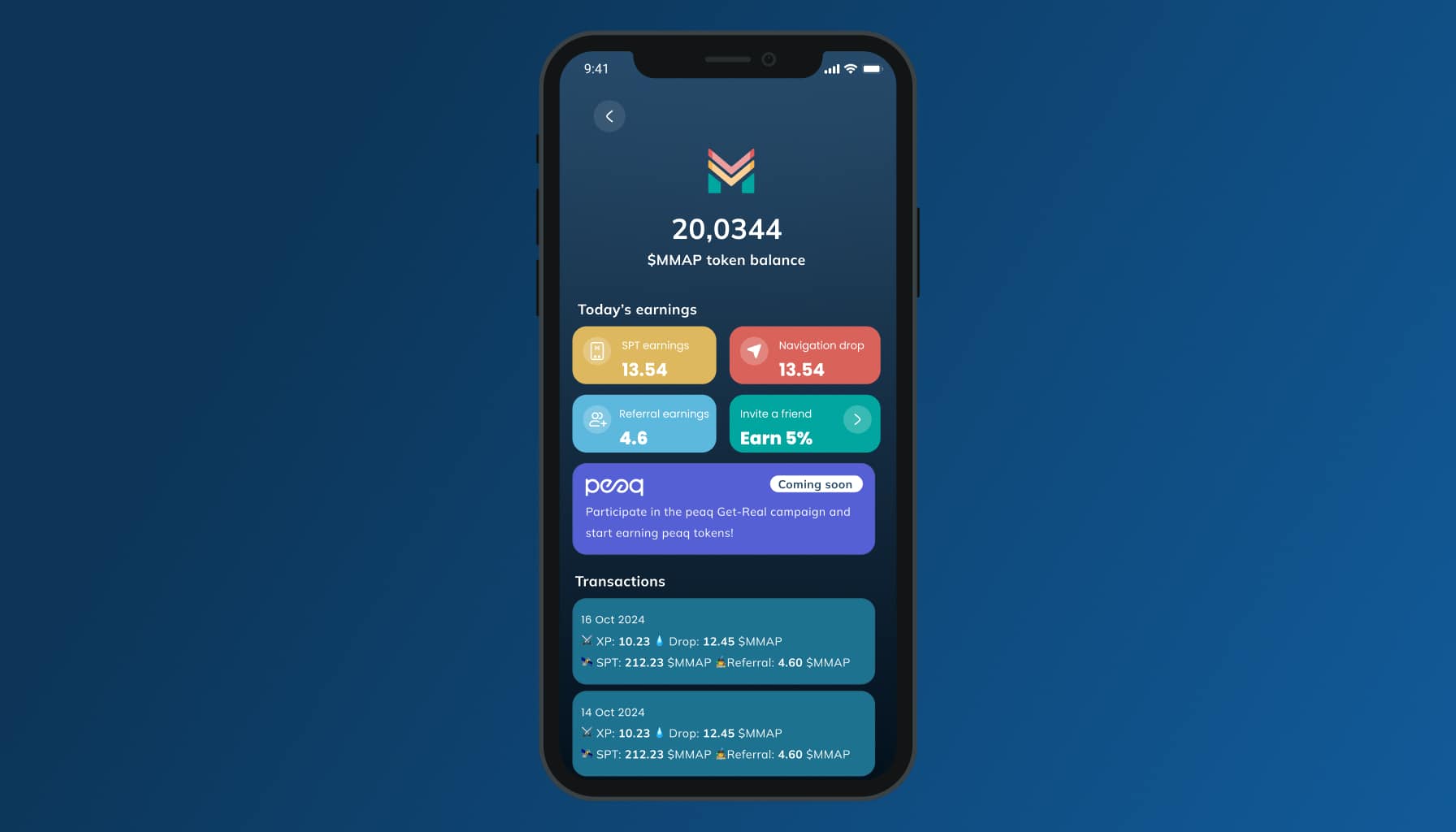 MapMetrics new wallet UI on a smartphone, showing token balance, daily earnings, and recent transactions on a blue background.
