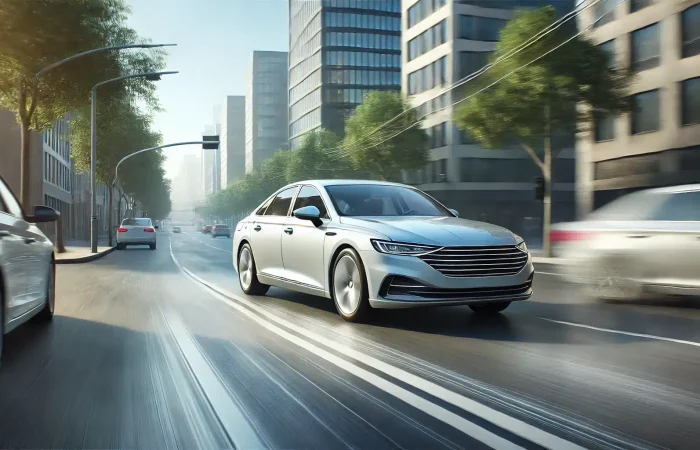 A clean, well-maintained car driving through an urban street, highlighting reduced emissions with clear skies and a smooth ride.