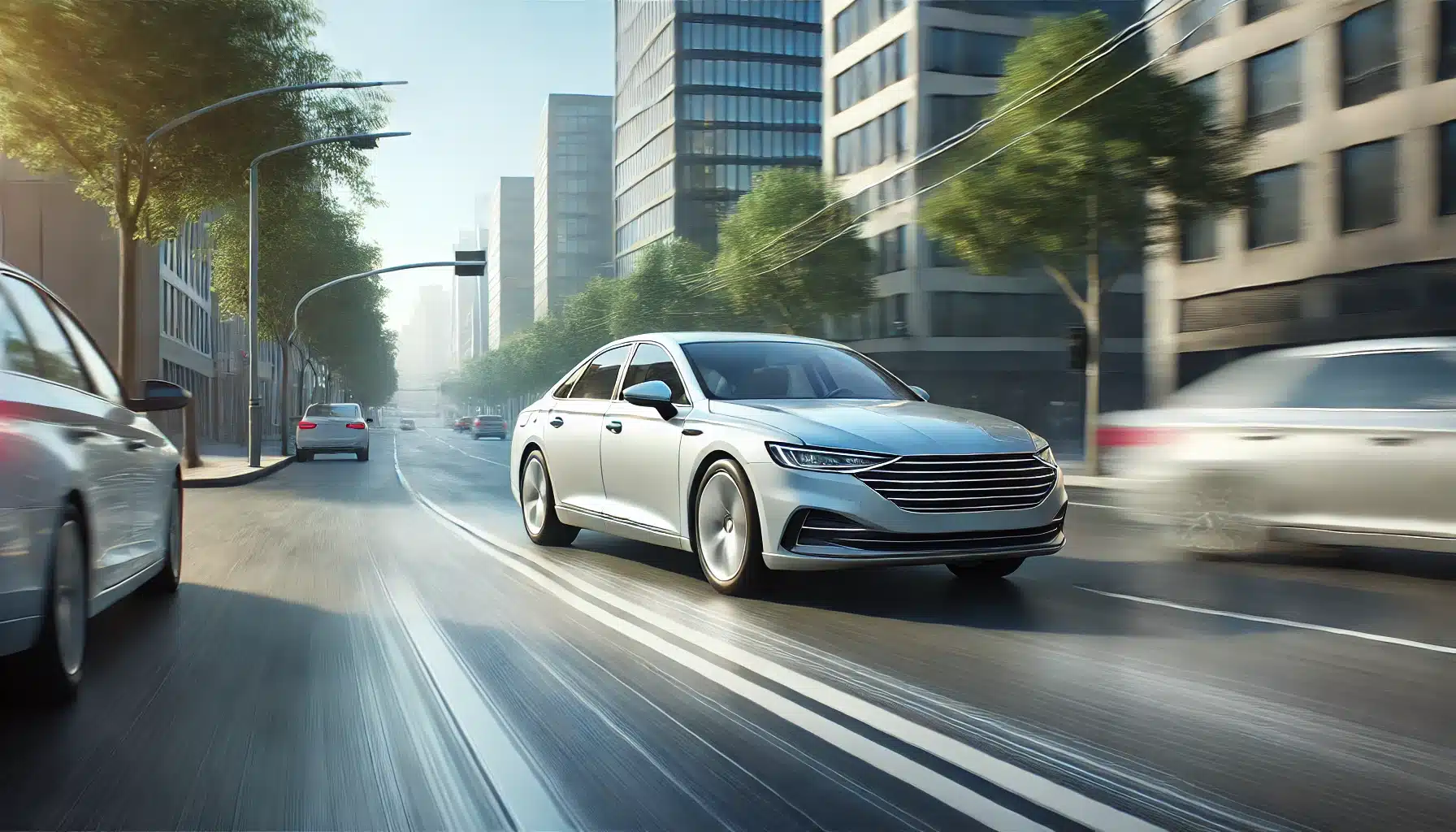 A clean, well-maintained car driving through an urban street, highlighting reduced emissions with clear skies and a smooth ride.
