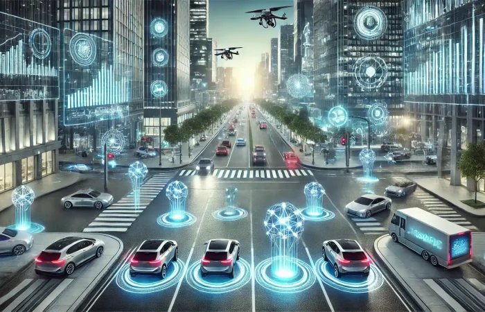 Futuristic city with autonomous cars, smart roads, and holographic displays showcasing Machine DeFi integration.