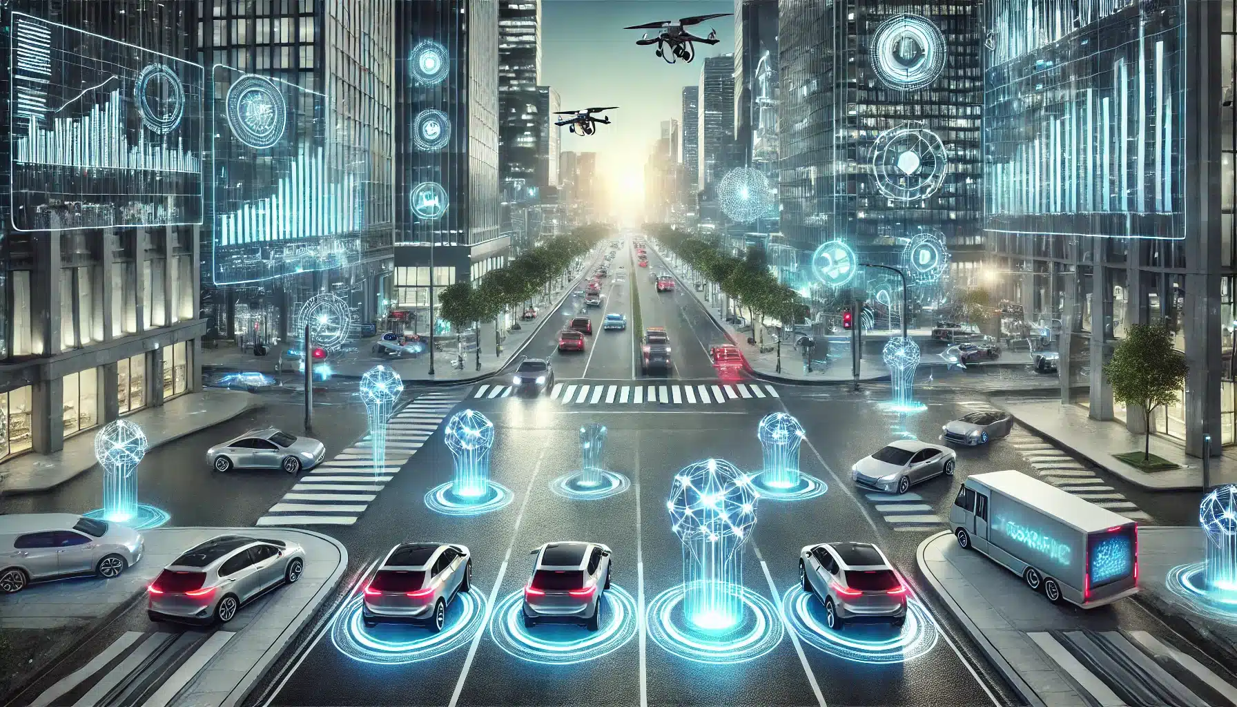 Futuristic city with autonomous cars, smart roads, and holographic displays showcasing Machine DeFi integration.
