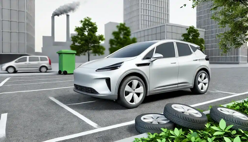A shiny, modern sedan in motion on a city road, surrounded by trees and clean air, symbolizing low emissions and environmental care.