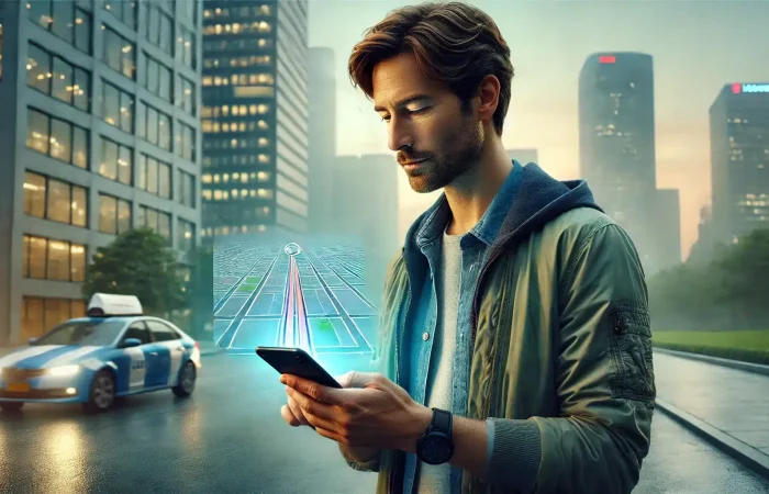 man standing outdoors, holding a smartphone and looking at the screen to check the Estimated Time of Arrival (ETA).