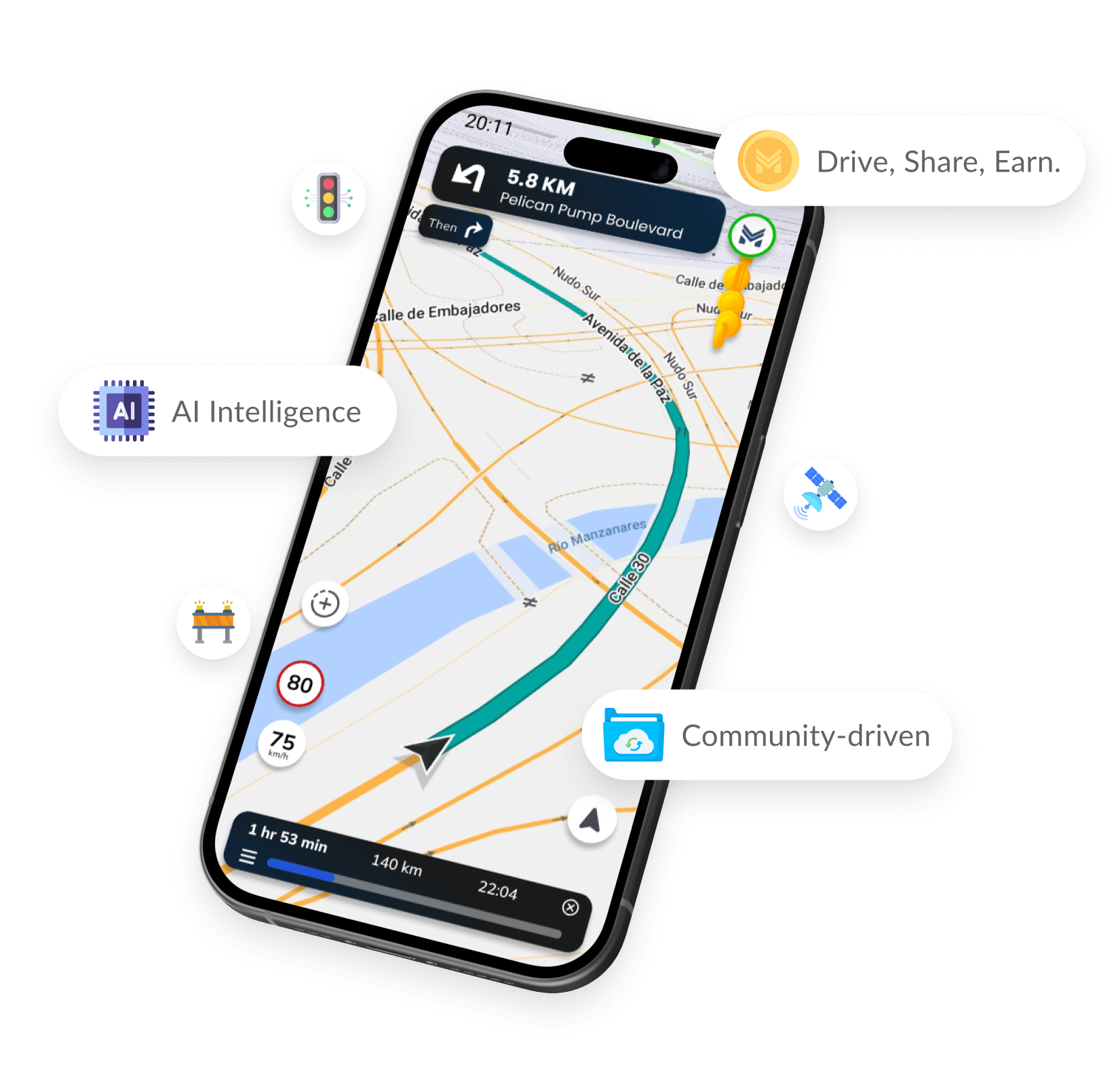 Smartphone met de MapMetrics-navigatie-app, waar gebruikers crypto verdienen tijdens het rijden. Functies: AI-navigatie, realtime afstandsmeting (8,8KM) en community-driven mapping voor moderne bestuurders.