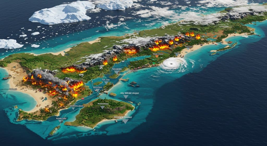 AI-Driven 4D Maps showing a coastal region with changing weather, congested shipping routes in red, and climate hazards like rising seas and storms over time.