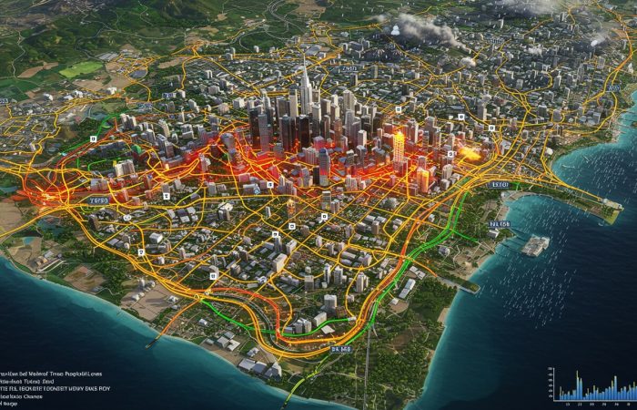 AI-Driven 4D Maps showing a futuristic urban area with rising sea levels, congested traffic in red, and climate hazards like wildfires and storms over time.