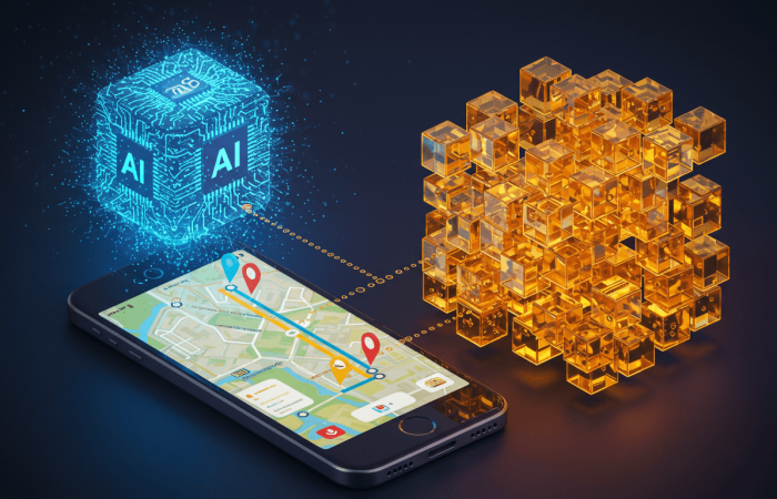 Navigation technology in 2025 powered by AI and blockchain, showing a smartphone with a digital map connected to a glowing AI cube and golden blockchain network.