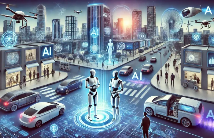 Futuristic cityscape with AI technology seamlessly integrated into daily life as a sign of the time for tech to Get Real.