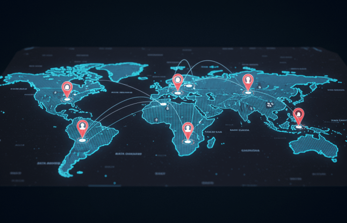 A futuristic map interface with real-time AI data updates, showing crowdsourced contributions and interconnected lines symbolizing decentralized data sharing for smarter, more accurate maps.