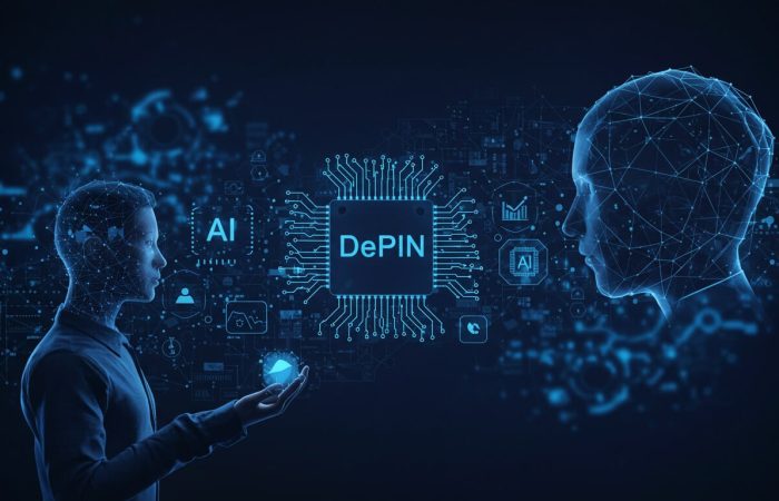 Digital illustration of "AI and DePIN" with sensor nodes linked to an AI network.