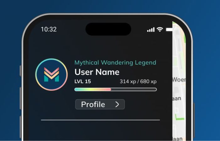 Screenshot of the MapMetrics app level screen showing the current level name, XP progress bar, and icons for unlocked features.