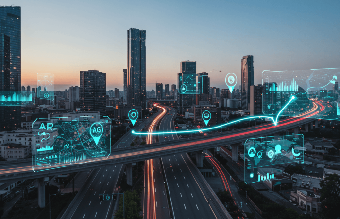 A realistic Image that captures the scene of the essence of navigation trends to watch in 2025 with vibrant neon accents and sleek, modern design elements.