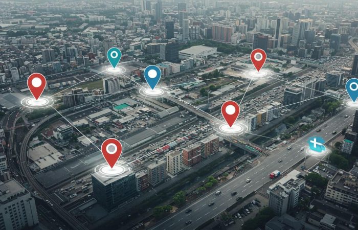 An innovative navigation display featuring dynamic route adjustments and interconnected nodes. The image spotlights decentralized Data with blockchain symbols and community feedback elements.