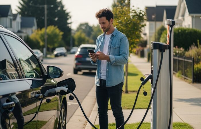 A person charges their EV at a neighborhood street-side station while making payment on their phone. The scene reflects how DePIN in 2025 brings decentralized infrastructure into daily life. A realistic view of modern streets and clean energy adoption.