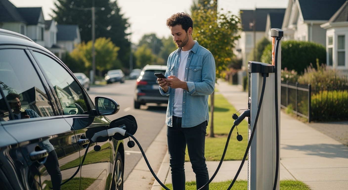 A person charges their EV at a neighborhood street-side station while making payment on their phone. The scene reflects how DePIN in 2025 brings decentralized infrastructure into daily life. A realistic view of modern streets and clean energy adoption.