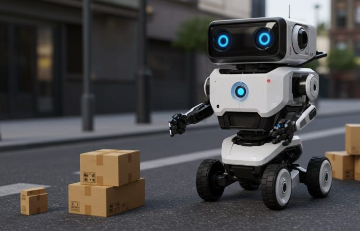 A delivery robot navigating a sidewalk autonomously, representing DePAI in action — where physical AI systems operate in the real world using decentralized infrastructure.