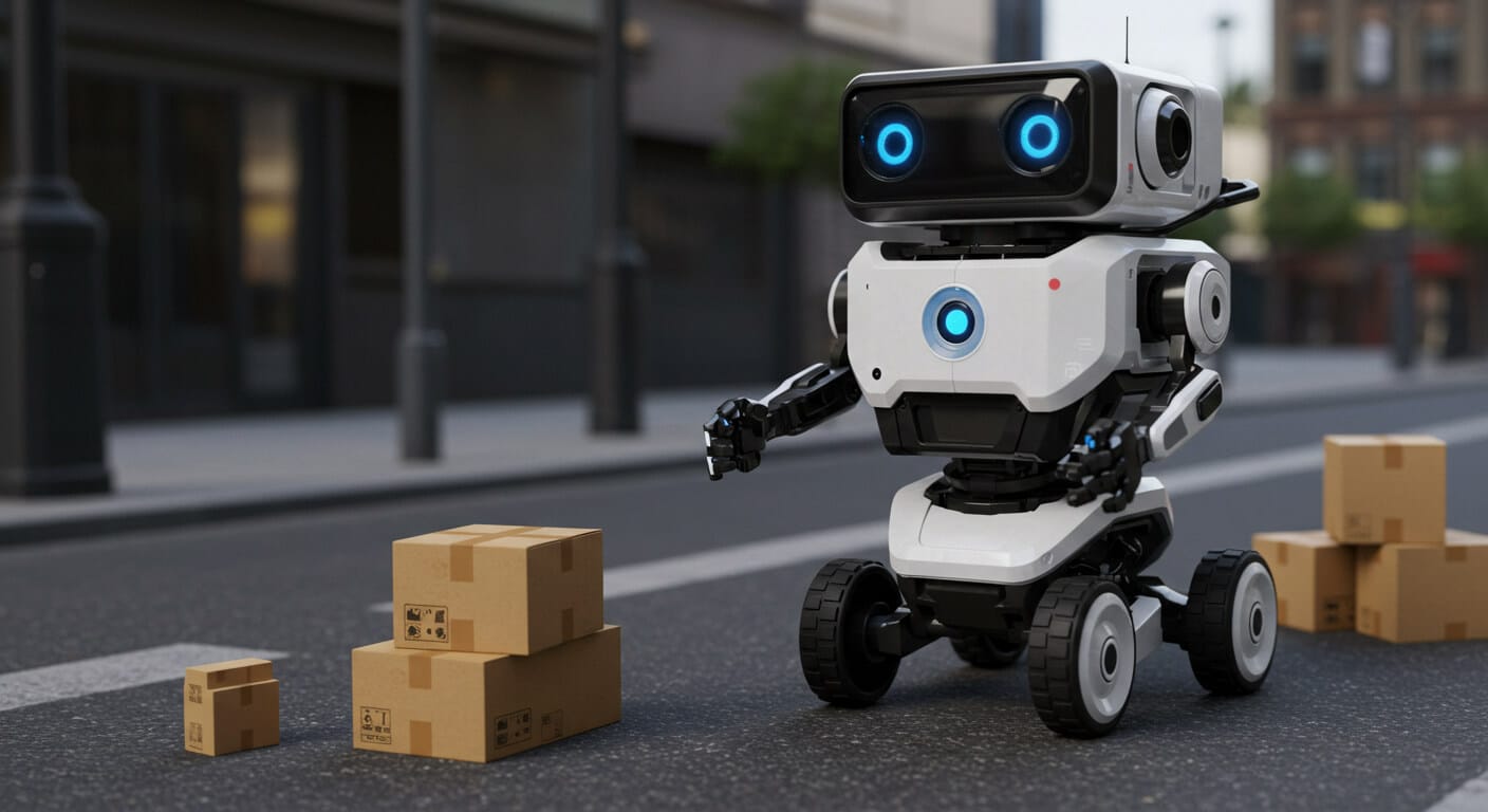 A delivery robot navigating a sidewalk autonomously, representing DePAI in action — where physical AI systems operate in the real world using decentralized infrastructure.
