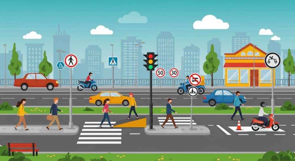 A busy urban illustration showing cars, motorcycles, and pedestrians at a signalized crosswalk.The scene highlights driver behavior in a city setting, focusing on safe crossings and clear traffic rules.