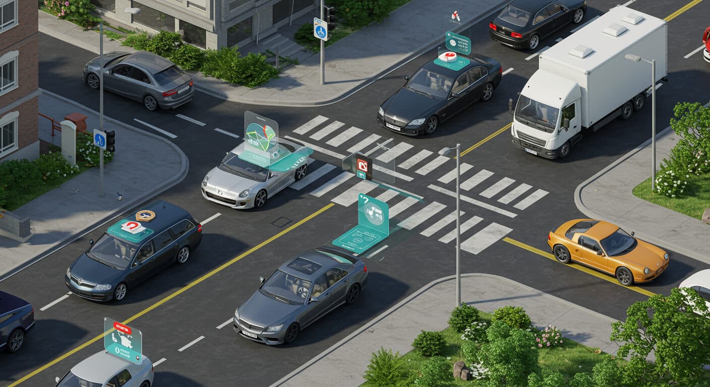 The image highlights realistic driver behavior, emphasizing the role of navigation apps in promoting road safety.