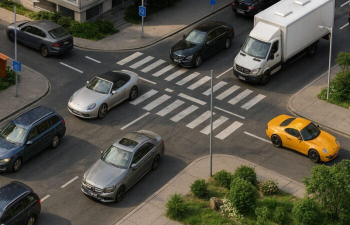 The image highlights realistic driver behavior, emphasizing the role of navigation apps in promoting road safety.