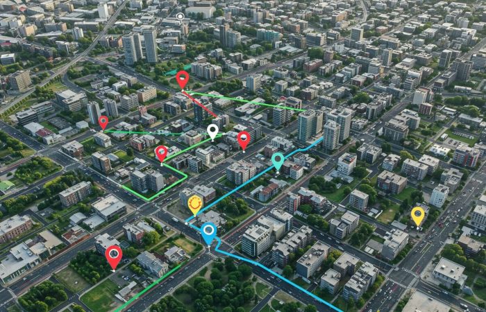 Top-down aerial view of city streets showing colorful location pins connected by an optimized shortest route line illustrating AI-driven route optimization.