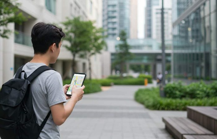 A person walking through a bustling city while using a smartphone for AI-powered navigation, highlighting how technology is transforming real-time route planning.
