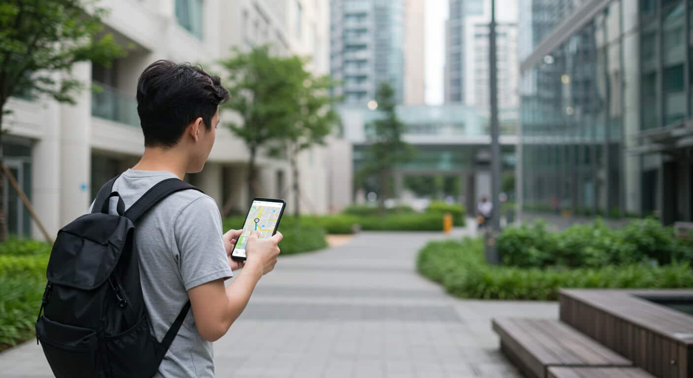 A person walking through a bustling city while using a smartphone for AI-powered navigation, highlighting how technology is transforming real-time route planning.