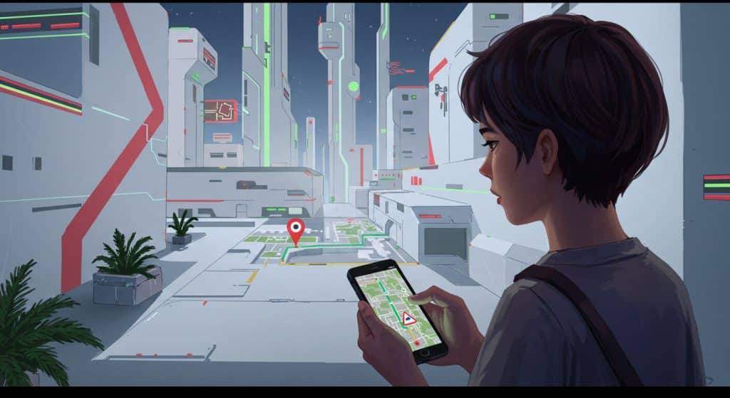 A cityscape with a user interacting with AI-powered navigation on a mobile device, showcasing seamless urban exploration through advanced mapping technology.