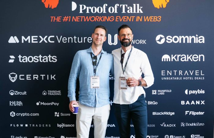 A photo of MapMetrics CEO and Co-founder Brent van der Heiden with Combinder CEO and Co-founder Kai Sefert at Proof of Talk 2025.