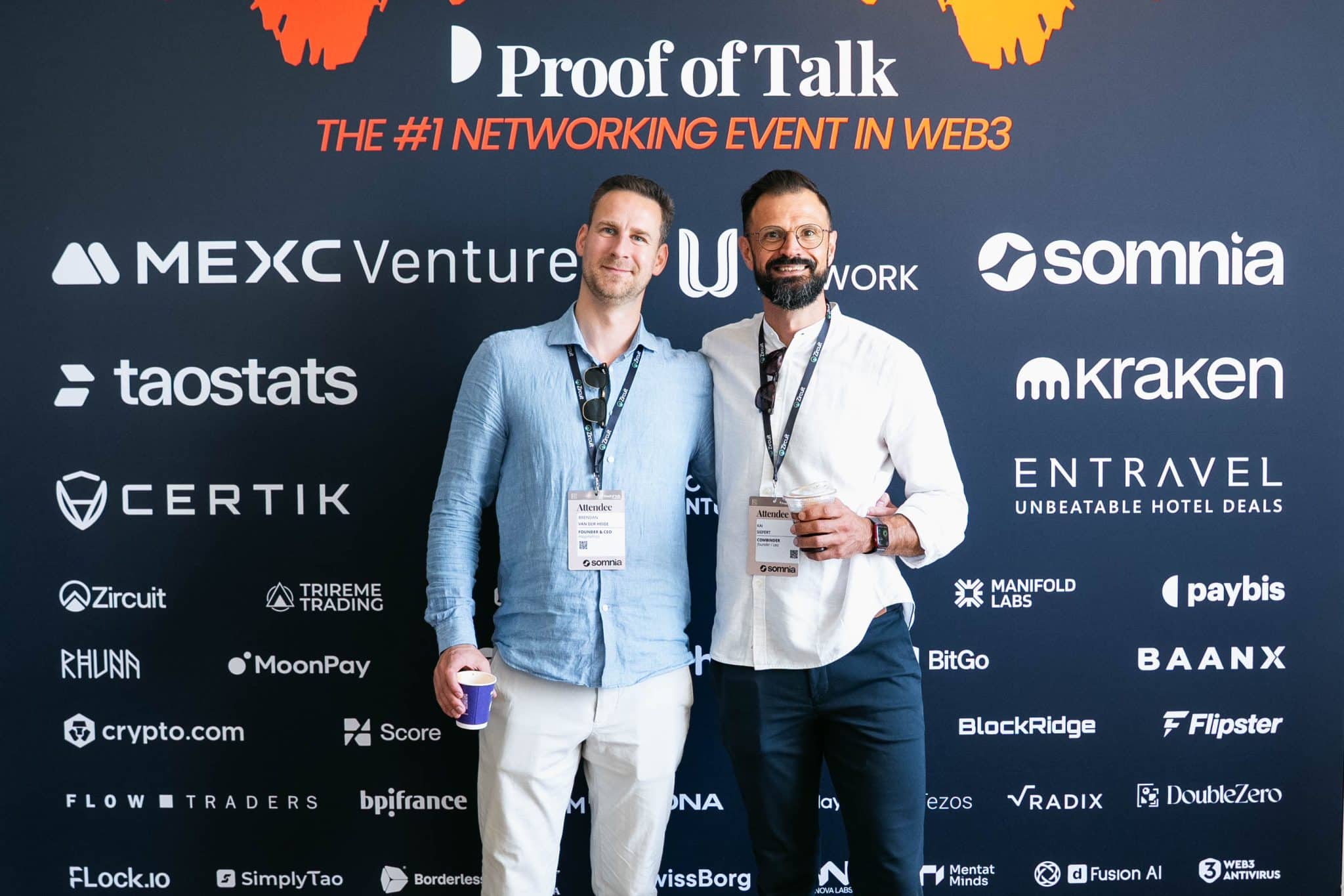 A photo of MapMetrics CEO and Co-founder Brent van der Heiden with Combinder CEO and Co-founder Kai Sefert at Proof of Talk 2025.