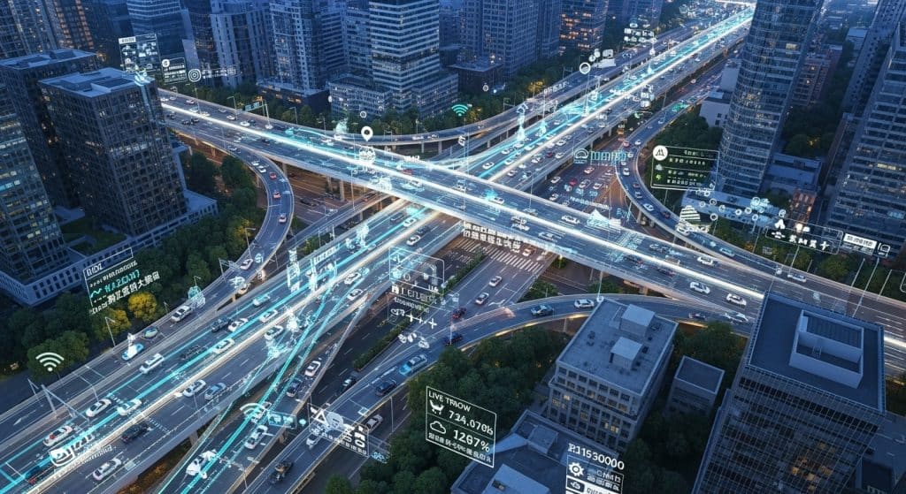 A visual representation of AI predictive traffic optimization in action, enhancing flow and safety.