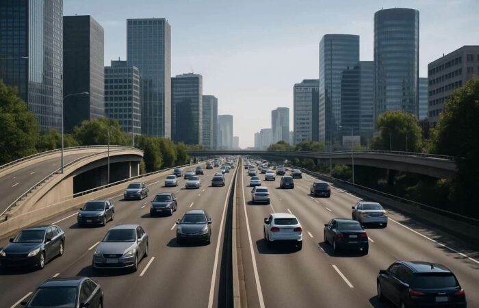 A photorealistic city highway with cars moving smoothly in both directions, showing the effect of AI Predictive Traffic Optimization. The scene captures calm, well-organized traffic under clear daylight.