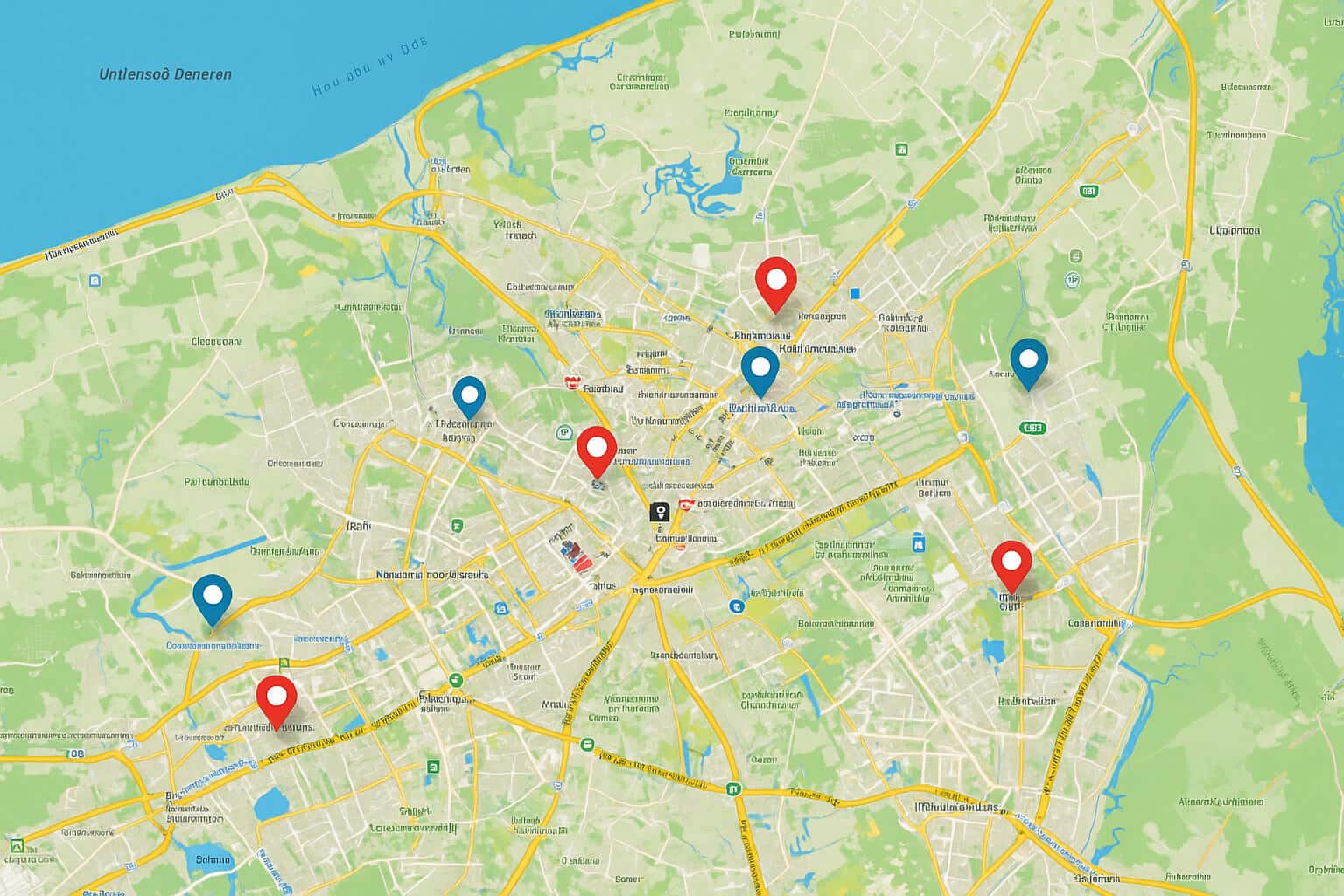 A digital map displaying several red and blue location markers across the city, showcasing the potential of community-powered maps for visualizing user-contributed points of interest and navigation data.
