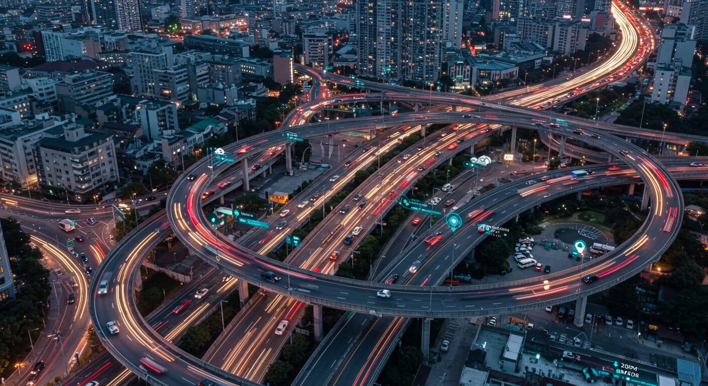 Futuristic urban roads with self-driving and regular cars navigating optimized paths. AI predictive traffic optimization reduces congestion using live traffic, weather, and behavior data.
